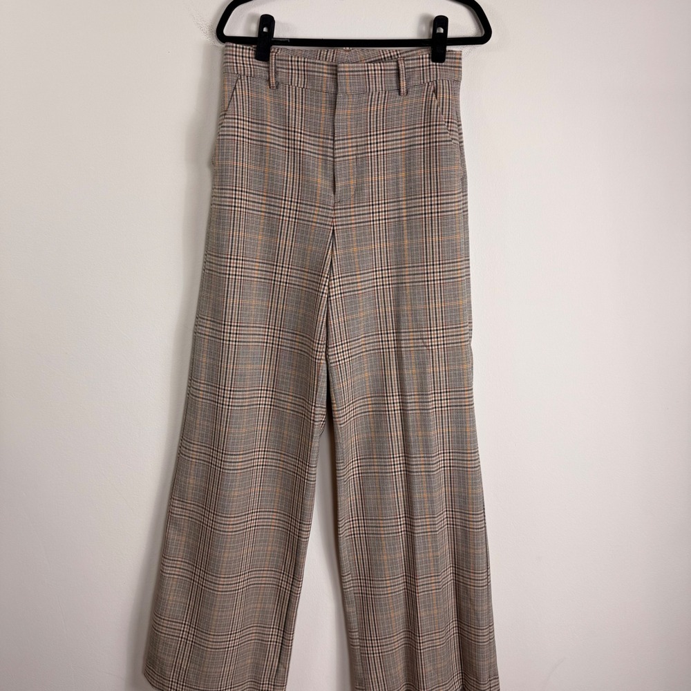 Gap Womens 6 Tall Plaid Wide Leg Trousers Brown Tan High Rise Dress Pants 1166